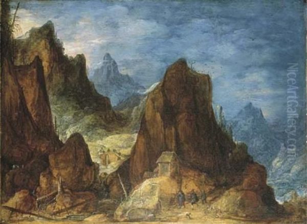 An Extensive Mountainous Landscape With Travellers Near A Hut Oil Painting by Joos De Momper