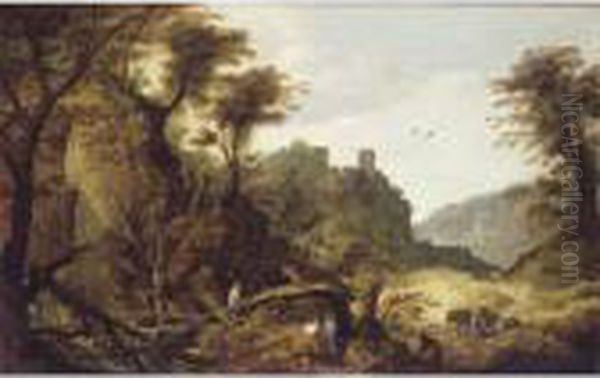 A Mountainous Landscape With Forresters, A Clifftop Castle Beyond Oil Painting by Joos De Momper