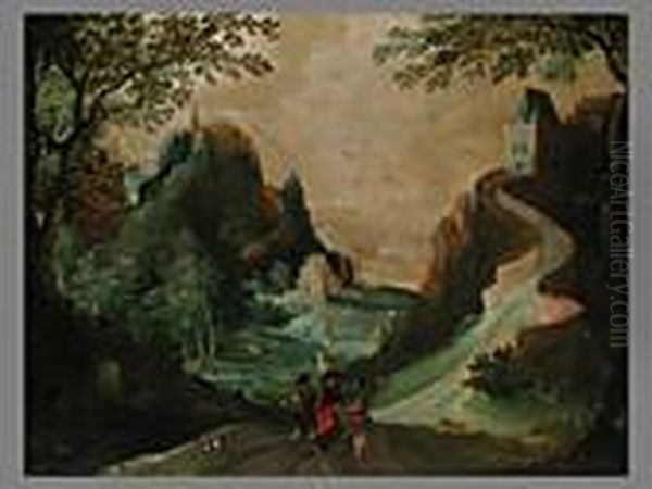 Drei Wanderer In Einer Schlucht Mit Schlossern Und Burgen Oil Painting by Joos De Momper