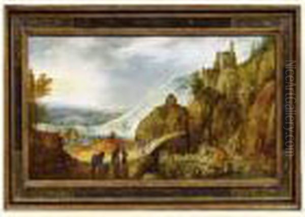 Paysage Fluvial Au Pont Et Aux Promeneurs Oil Painting by Joos De Momper