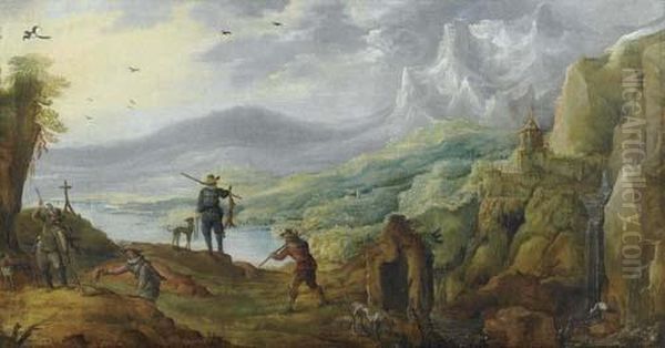 Mountain Landscape With Hunters. Oil Painting by Joos De Momper