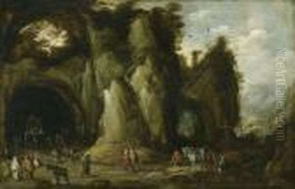 Holy Worship In A Cave. Oil Painting by Joos De Momper