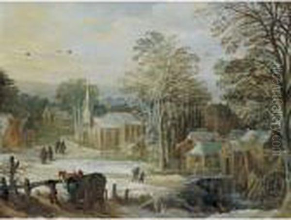 Winter Village With A Water Mill Oil Painting by Joos De Momper