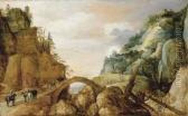 A Mountainous Landscape With Horsemen And Travellers Crossing Abridge Oil Painting by Joos De Momper