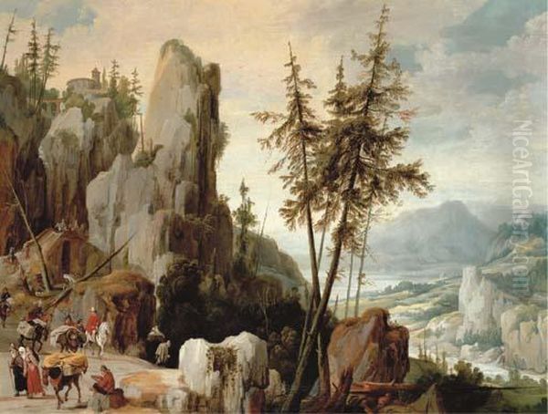 An Extensive Mountainous Landscape With Travellers On A Path Oil Painting by Joos De Momper