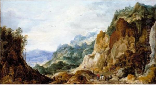 A Panoramic Mountainous Landscape With Journeymen Giving To The Poor, Packhorses Beyond Oil Painting by Joos De Momper