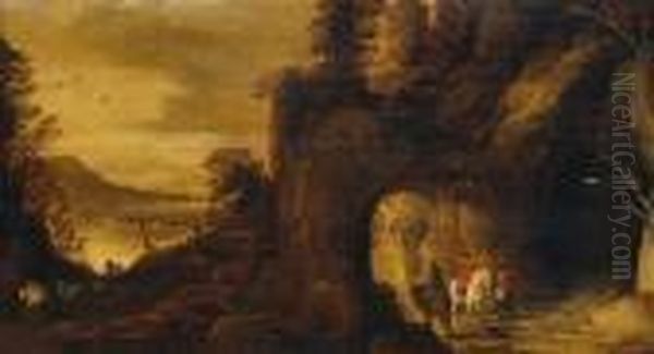 Paesaggio Con Cavalieri In Visita Alla Cascata Oil Painting by Joos De Momper