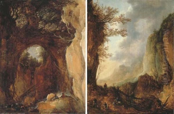 A Mountainous Wooded Grotto With Figures Resting And Catching Fishby A Waterfall Oil Painting by Joos De Momper