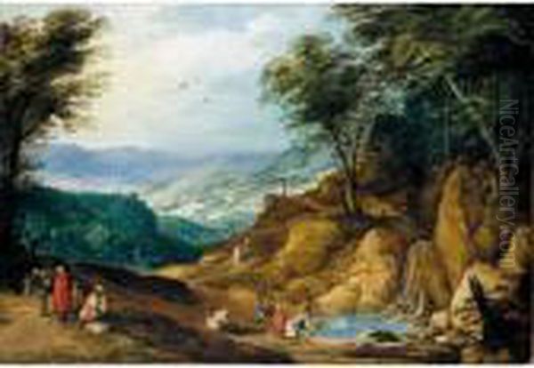 An Extensive Mountainous 
Landscape With Washerwomen And Other Figures Resting By A Waterfall Oil Painting by Joos De Momper