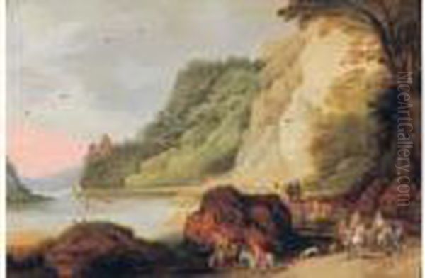 Paysage Montagneux Anime De Cavaliers Sur La Route Oil Painting by Joos De Momper