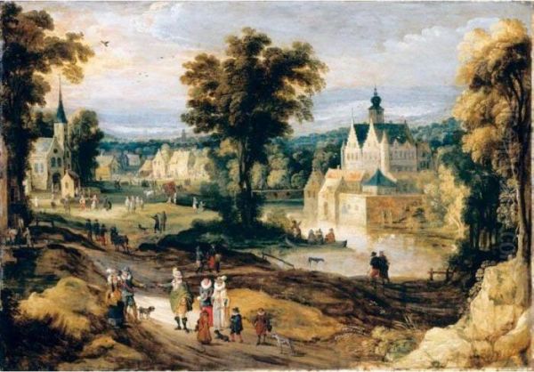 A Landscape With A Castle On A River And Figures Going About Their Daily Activities Oil Painting by Joos De Momper