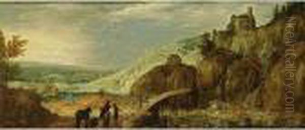 An Extensive Mountainous River 
Landscape With A Waterfall And A Horseman, Travellers And A Horse On A 
Wooden Bridge, A View Of A Fortified Castle On A Hill Top Beyond Oil Painting by Joos De Momper