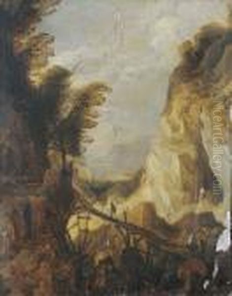 A Mountainous Landscape With Travellers On A Bridge Oil Painting by Joos De Momper