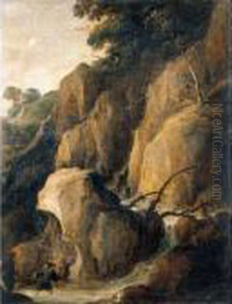 A Rocky Torrent With Fishermen Oil Painting by Joos De Momper