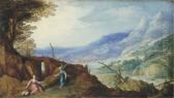 An Extensive Mountainous Landscape With An Angel Appearing Tohagar Oil Painting by Joos De Momper