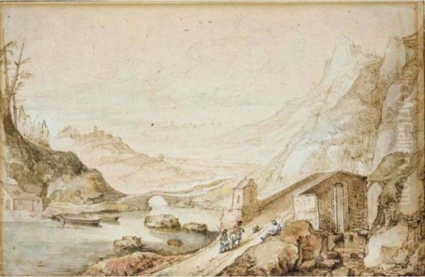 Mountainous River Landscape With Travellers Approaching A Bridge Oil Painting by Joos De Momper