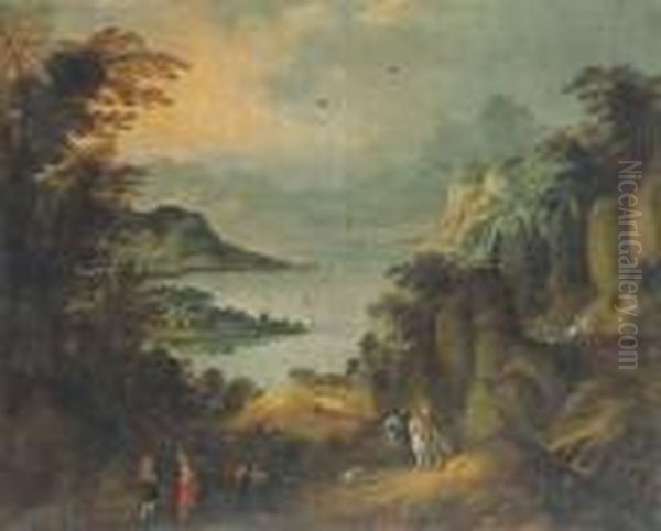 Promeneurs Au Bord D'un Lac, Dans Un Paysage Alpin Oil Painting by Joos De Momper