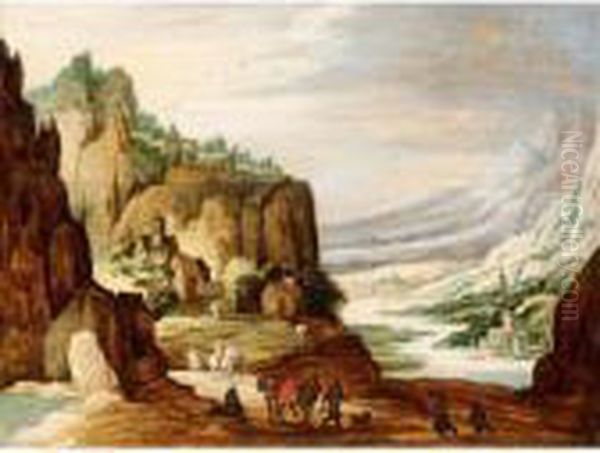 A Mountainous River Landscape With Travellers On A Path In The Foreground Oil Painting by Joos De Momper