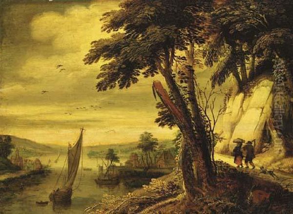 An Extensive River Landscape With Two Peasants On A Path Oil Painting by Joos De Momper