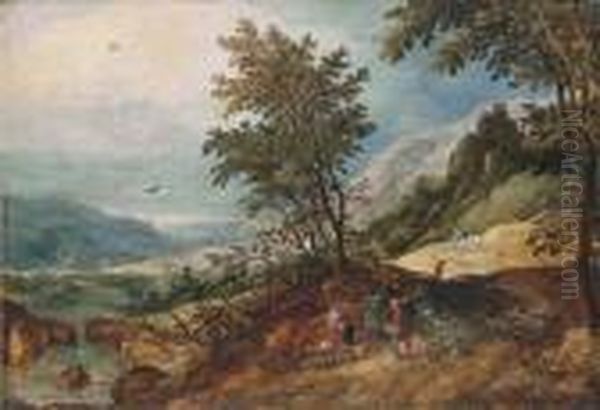 A Wooded Mountainous River Landscape With Travellers Conversing On A Path Oil Painting by Joos De Momper