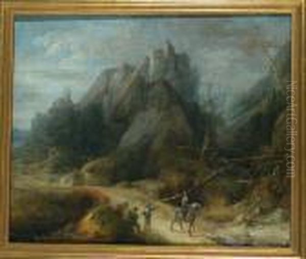 Figures In A Fantastic Landscape Oil Painting by Joos De Momper