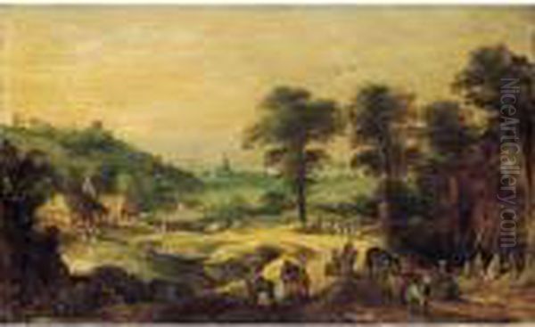 Extensive Landscape With Travellers On A Road Outside A Chateau With A Village Beyond Oil Painting by Joos De Momper