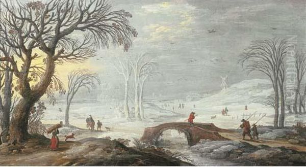 A Winter Landscape With Travellers And Peasants By A Bridge Oil Painting by Joos De Momper