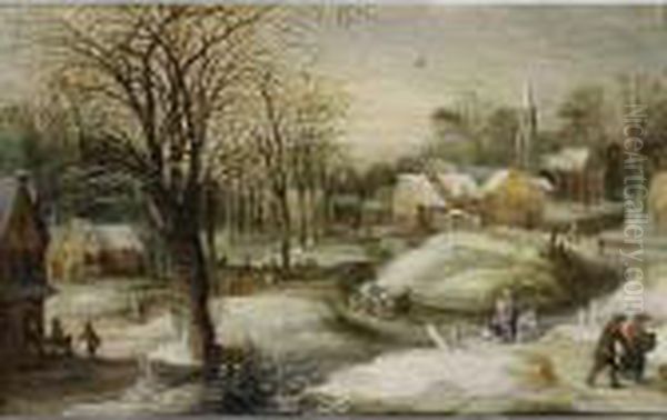 A Winter Landscape With A 
Horseman, A Peasant With A Horse-drawn Cart And Figures On A Path, A 
Village&nbsp;nearby Oil Painting by Joos De Momper