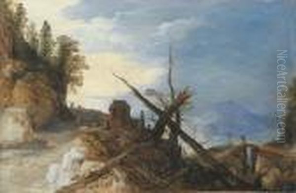 A Mountain Landscape With A Fallen Tree On A Path, A Bridge In Thedistance Oil Painting by Joos De Momper