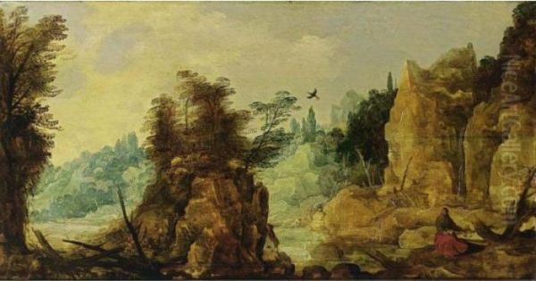 An Extensive River Landscape With Elijah Fed By The Ravens Oil Painting by Joos De Momper