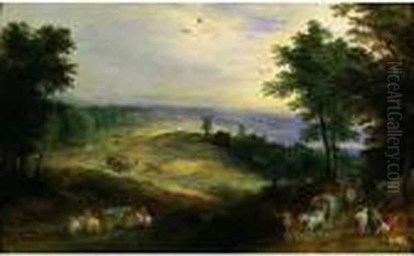 A Wooded Landscape With Travellers On A Track, A Windmill Beyond Oil Painting by Joos De Momper