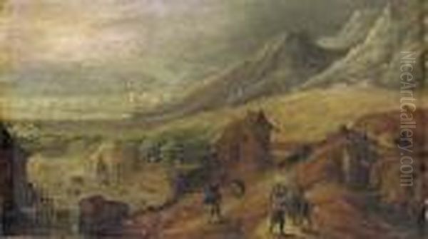 A Mountainous Landscape With Peasants On A Path, A Port Beyond Oil Painting by Joos De Momper