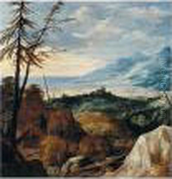 An Extensive Landscape With Pine Trees Oil Painting by Joos De Momper