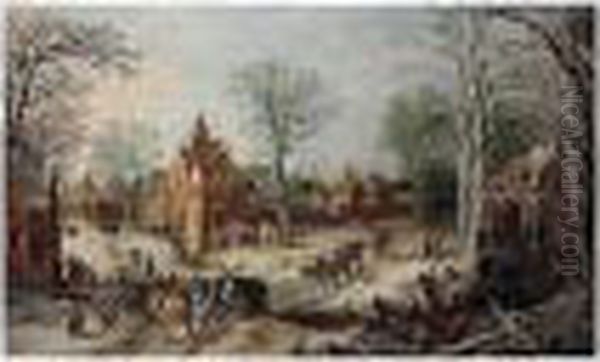 A Winter Landscape With A Cart On A Wooded Road And A Village Beyond Oil Painting by Joos De Momper