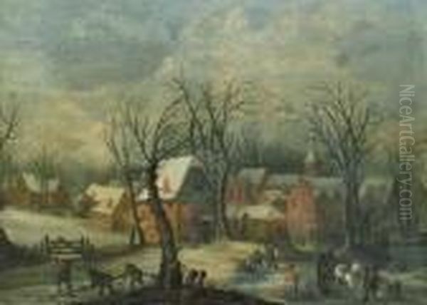 A View Of A Village In Winter 
With Woodgatheres At Work Andtravellers With A Horse And Wagon On A 
Snowy Path Oil Painting by Joos De Momper