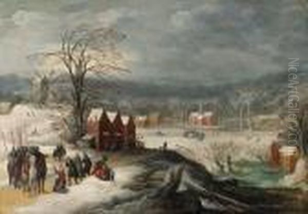 A Winter Landscape With Soldiers At A Village Oil Painting by Joos De Momper