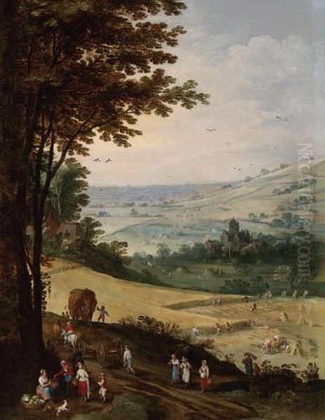 Peasants Harvesting, An Extensive Landscape With A Churchbeyond Oil Painting by Joos De Momper