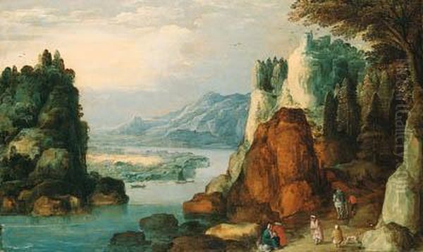 An Alpine Landscape With Travellers And Gypsies On A Path Oil Painting by Joos De Momper