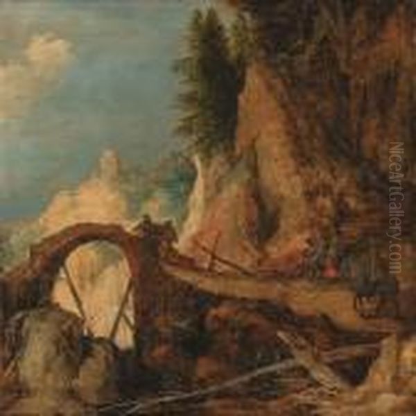 A Mountain Landscape With 
Travellers On A Path Approaching A Bridgeover A Gorge - A Fragment (?) Oil Painting by Joos De Momper