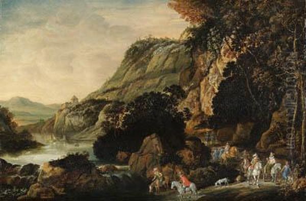 An Extensive Rocky River Landscape With An Elegant Party Onhorseback On A Track Oil Painting by Joos De Momper