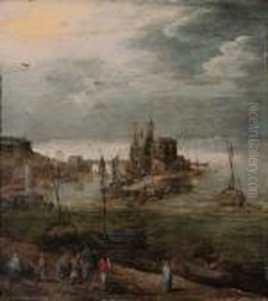 A Harbor With Fisherfolk Gathered On The Shore And Boats Moorednearby, A Castle Beyond Oil Painting by Joos De Momper