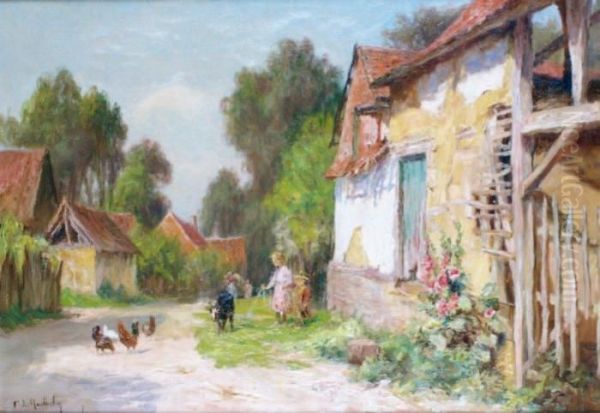 Enfant Devant La Ferme Dans Levillage Oil Painting by Francois Richard De Montholon