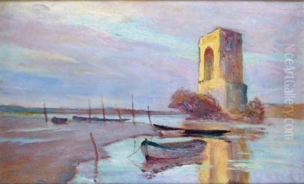 Soleil Couchant Sur La Loire Pres Debriare Oil Painting by Francois Richard De Montholon