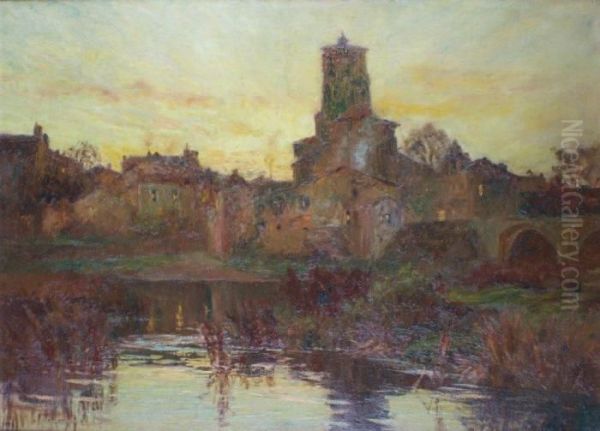 Village De Saint-astier Au Crepuscule Oil Painting by Francois Richard De Montholon