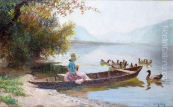 Marcelle De Montholon En Barque Abeaulieu Sur Dordogne Oil Painting by Francois Richard De Montholon