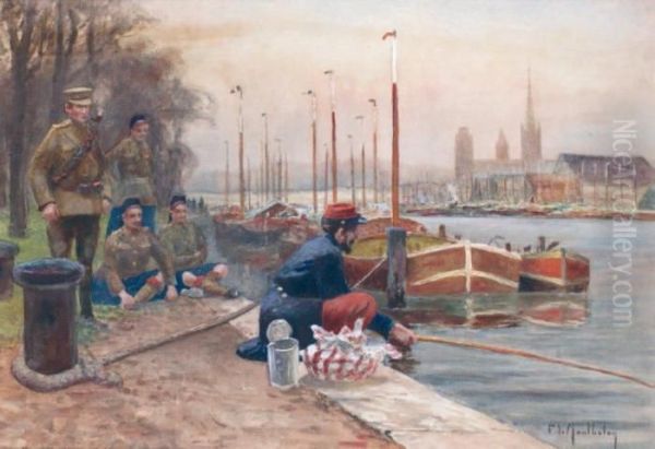 Soldat Britannique Regardant Un Poilupechant Dans Le Port De Rouen Oil Painting by Francois Richard De Montholon