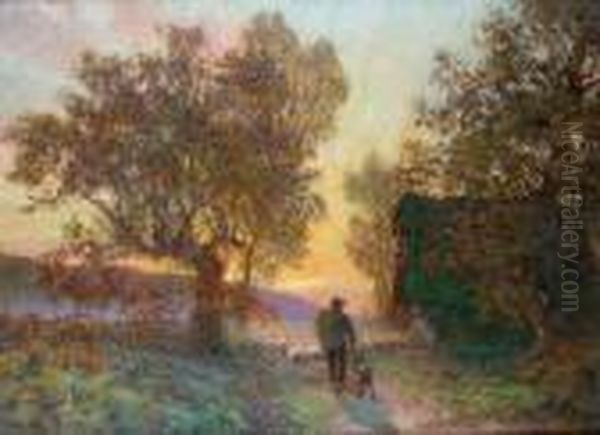 Retour Du Troupeau Au Soleil Couchant Oil Painting by Francois Richard De Montholon