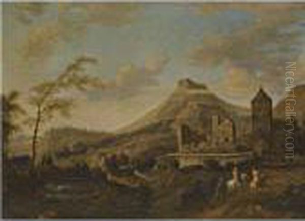 A Fluvial Landcape With Figures Riding Towards A Castle Oil Painting by Frederick De Moucheron