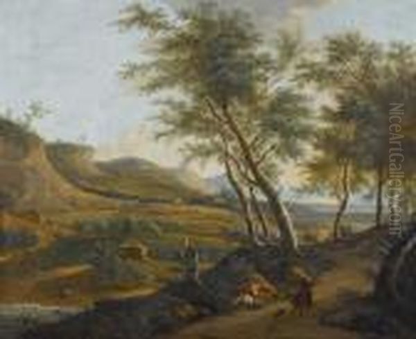 Broad Landscape With Two Riders In Theforeground Oil Painting by Frederick De Moucheron