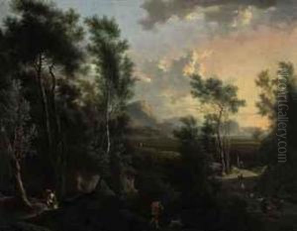 Figures In A Valley Landscape At Dawn Oil Painting by Frederick De Moucheron